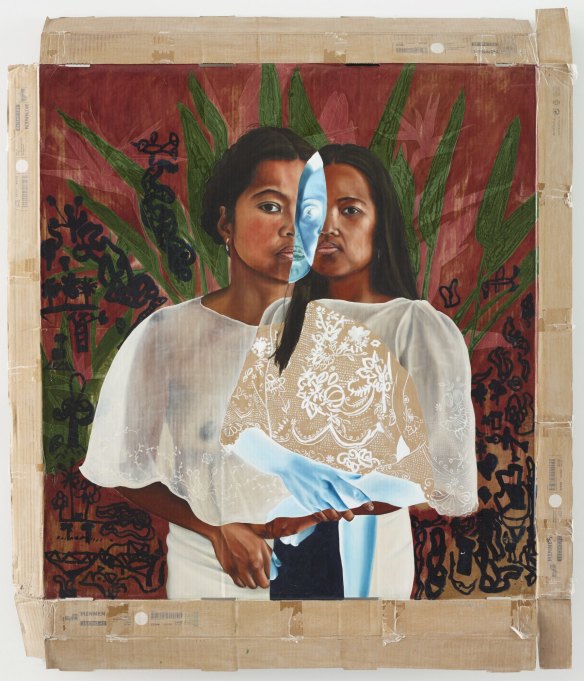 Marikit Santiago, 'Filipiniana (self-portrait in collaboration with Maella Santiago Pearl)'. Acrylic, interior paint, pen and oil on found cardboard, 110.5 x 100.7 cm. © the artist. Sitter: Marikit Santiago.