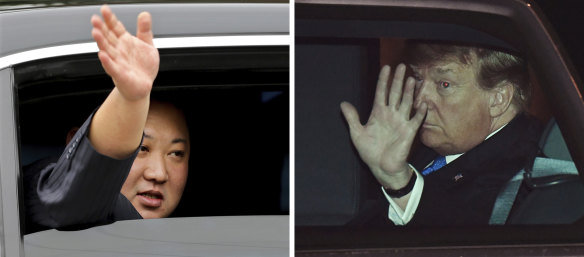 North Korean leader Kim Jong-un and US President Donald Trump wave to crowds as they both arrive in Hanoi, Vietnam.