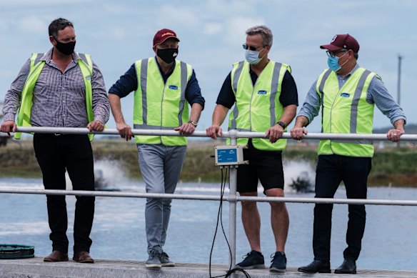 Anthony Albanese (second from left) at Tassal's prawn farm in Propserpine: He says his mentor, the late Tom Uren, had given two bits of advice: make sure you learn something in politics every day and make sure you grow as a person.