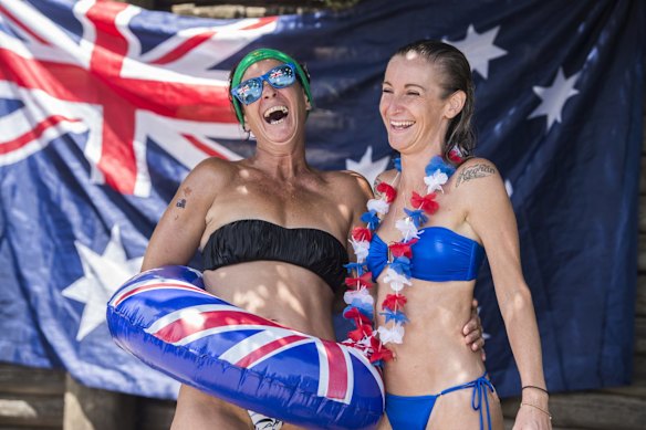 Nic Lewis and Kim Page celebrating Australia Day at Bondi Beach, 2020.