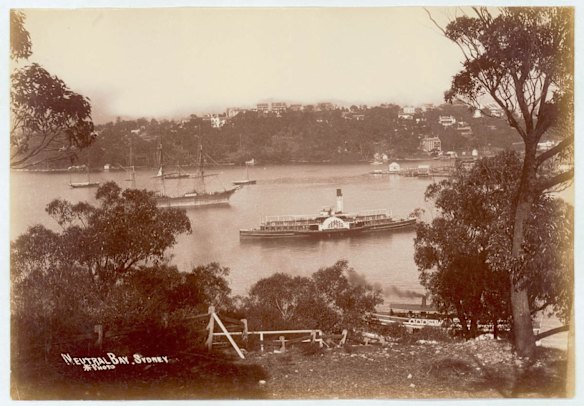 Neutral Bay, Sydney Harbour, showing paddle wheel ferry and sailing ship.