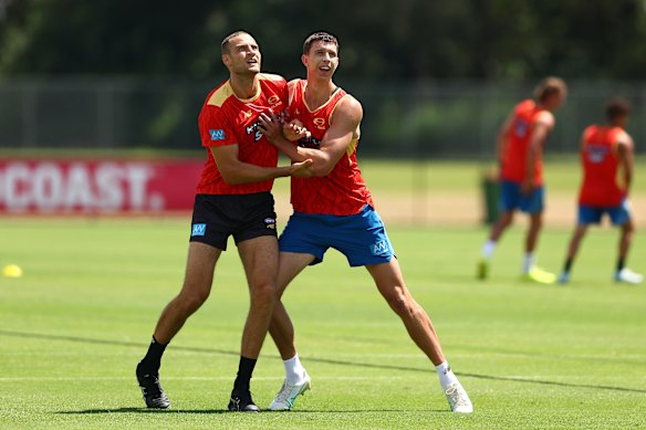 Out of action: Suns ruckman Max Knobel (right) has been handed a four-game ban.