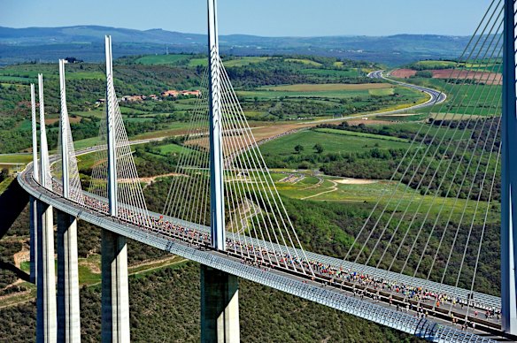 The Millau Viaduct, France
It's nearly 2.5 kilometres long but the Millau Viaduct is about the height above the River Tarn valley. One support mast is 343 metres above the ground, making it taller than the Eiffel Tower and the viaduct the world's tallest bridge. One of architect Sir Norman Foster's masterworks, the bridge opened in 2004, and has been testing the nerves (and willingness to pay tolls) of vertiginous drivers ever since.