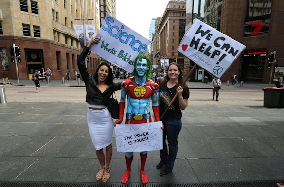 eagan Gale, Hamish Craig (Capt Planet) and Angela Chilton. PHD students from UNSW at the March for Science Sydney rally in Martin Place.
