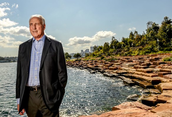 Former Australian Prime Minister Mr Paul Keating, who had strongly advocated transforming part of the former industrial precinct into a naturalistic headland, on the sandstone wall of the public foreshore in Headland Park, Barangaroo.