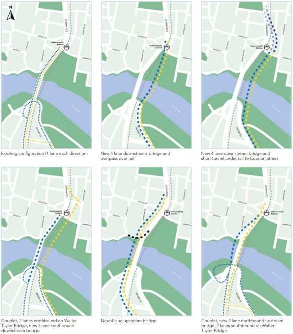 Examples of river crossing options at Indooroopilly, in Brisbane.