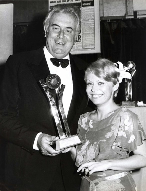 Gough Whitlam with actress, Jacki Weaver, at the Sun Awards for the Australian of the Year at the Wentworth Hotel in Sydney, 2 February 1977.    Black and white, history, archival, 1970s, portrait, actor, theatre, television, film, Australian