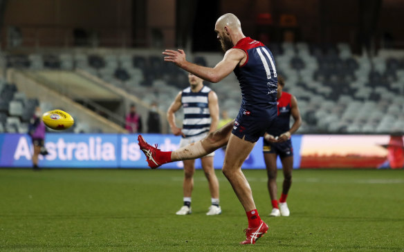 Max Gawn booted the winning goal against Geelong at GMHBA Stadium last season. 