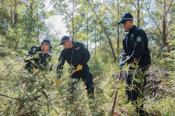 Police and SES returning for second day of a large-scale forensic search in bushlands, Kendall. 