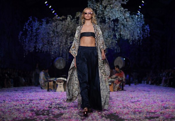 A model wears a creation by Camilla during her fashion show during the Mercedes-Benz Fashion Week Australia in Sydney.