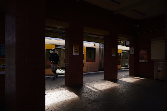 Fairfield train station before tighter restrictions on movement out of the area come into force. 17 July, 2021. 