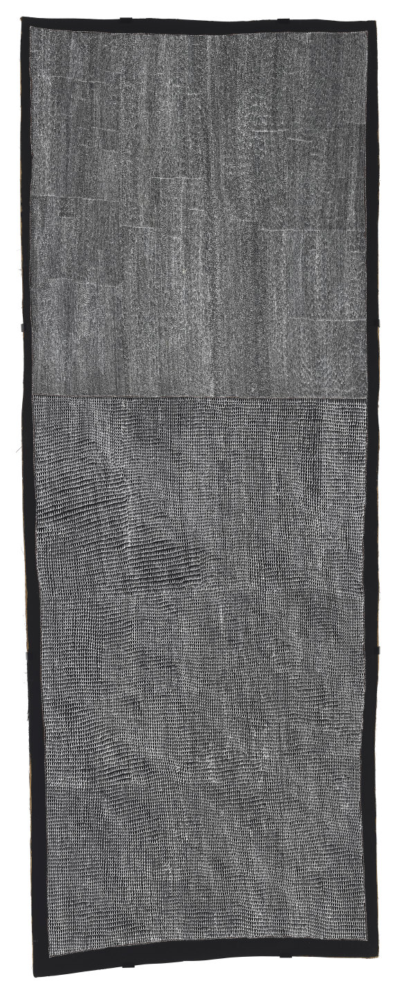 Owen Yalandja’s black-and-white 
bark painting Ngalkodjek Yawkyawk.