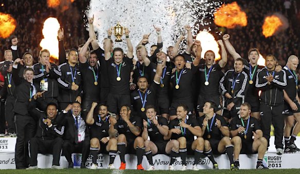 The All Blacks celebrate their World Cup final victory. 