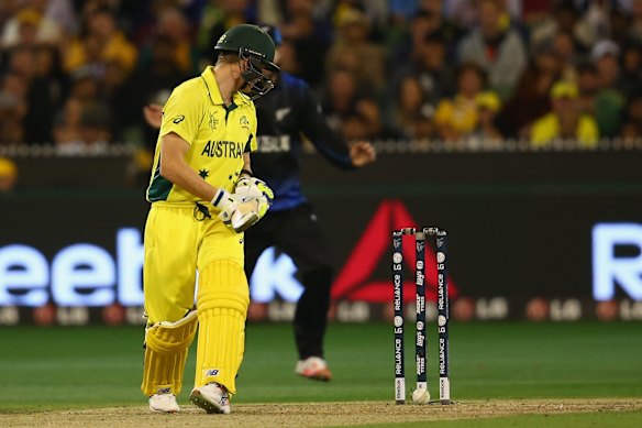 Steve Smith watches as the ball rolls on to his stumps but fails to disturb the bails.