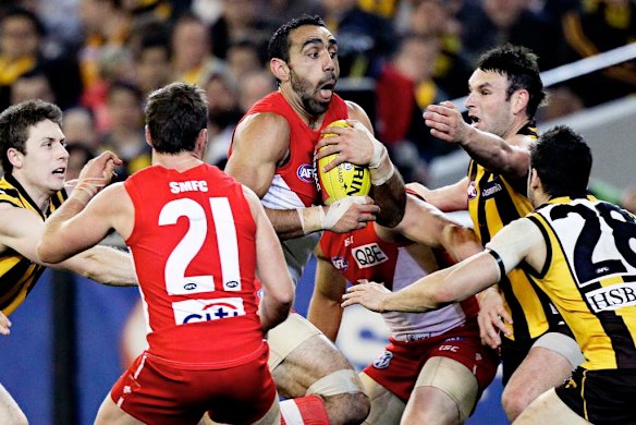 The contemporary Hawks and Swans met for the first time in September in the first semi-final of 2011, with the Swans unable to deliver a win for Adam Goodes in his 300th game. Hawthorn led by 40 points at the main break and won by 36 points.Picture by PAUL ROVERE / THE AGE