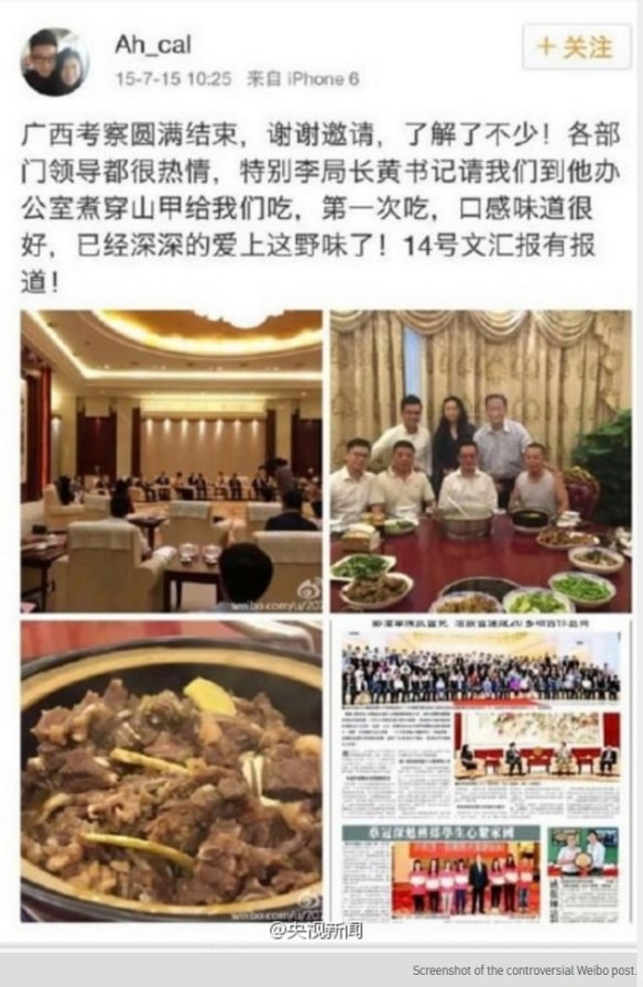A screengrab of the weibo post about the pangolin banquet.