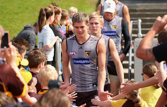 Jed Anderson of the Hawks walks through the crowd during a Hawthorn Hawks AFL training session at Waverley Park.