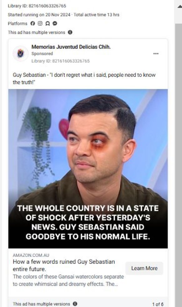 A scam ad featuring singer Guy Sebastian. When this screenshot was taken, the ad had been live for 13 hours.