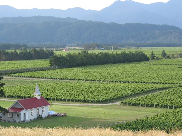 The church-cum-cellar door at Clos Henri in the foothills of New Zealand’s Wairau Valley.