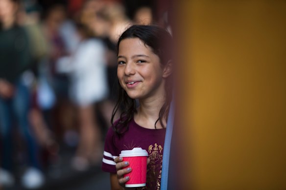 Imani Butt queues up outside the Princess Theatre to snap up free tickets to the final stage show dress rehearsals of Harry Potter and the Cursed Child.