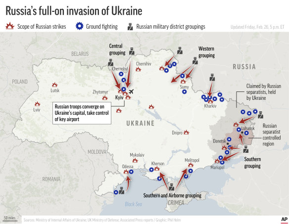 The locations of known Russian military strikes and ground attacks inside Ukraine.