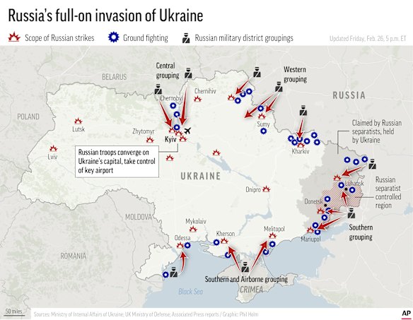 The locations of known Russian military strikes and ground attacks inside Ukraine.