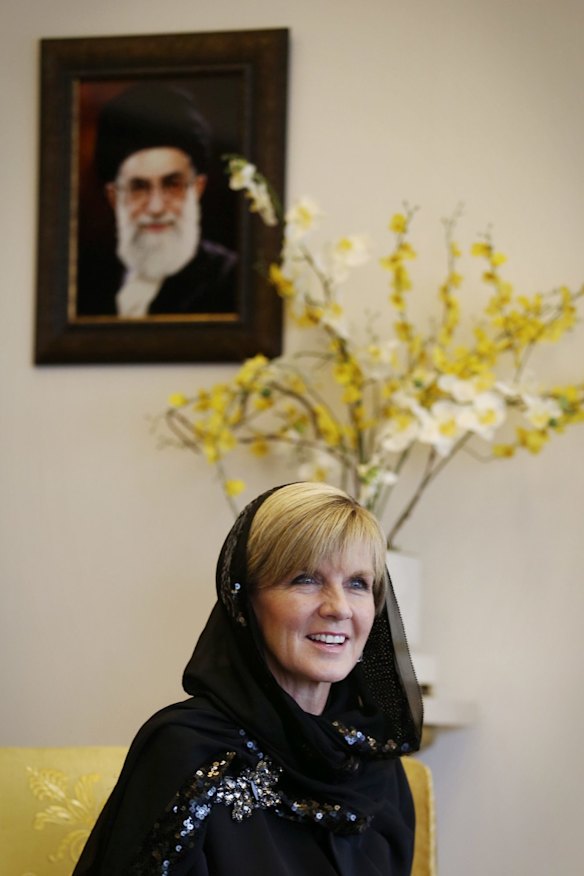 Foreign Affairs minister Julie Bishop sits beneath a portrait of Supreme Leader Ayatollah Khomeini during a trip to Iran in 2015.