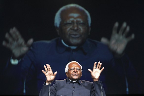 Archbishop Desmond Tutu addresses the young people during the opening ceremony of the One Young World World Summit in London The event will bring together over 600 delegates age 25 and under from over 100 countries to discuss important world issues.