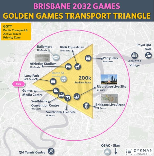 Brisbane Olympic Games ‘transport triangle’ legacy plan for 2032, by David Hayward from Dykman Consulting.