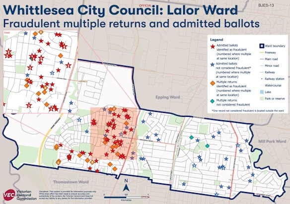 The Victorian Electoral Commission map of where council voting ballots were stolen in Whittlesea.