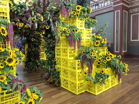 Re-purposed crates made for a funky and fun flower arrangement by the Melbourne Flower School 