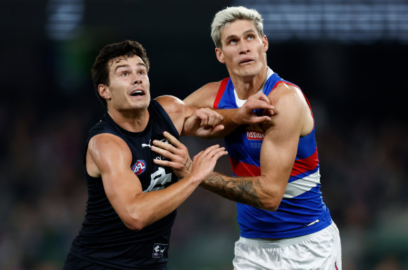 Jack Silvagni and Rory Lobb go to work at Marvel Stadium on Saturday night.