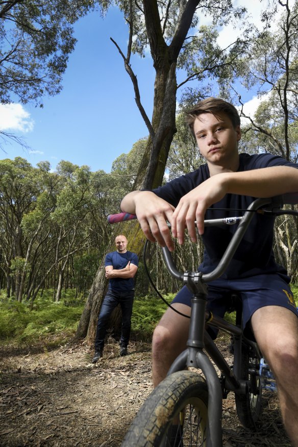 Jakob Salter, 15, pictured with his father Matthew Salter, was hospitalised with concussion and underwent a CT scan after crashing his BMX bike.