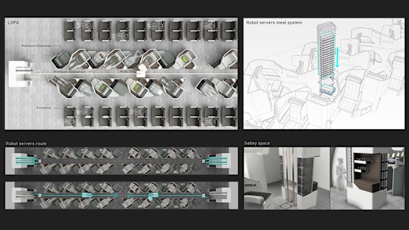 Toyota Boshoku reimagined the economy class cabin by mixing three classes together - economy window seats combined with premium economy and "premium plus" seats in the middle of the cabin. The design also featured a meal-serving robot, replacing cabin crew on meal and drinks services.