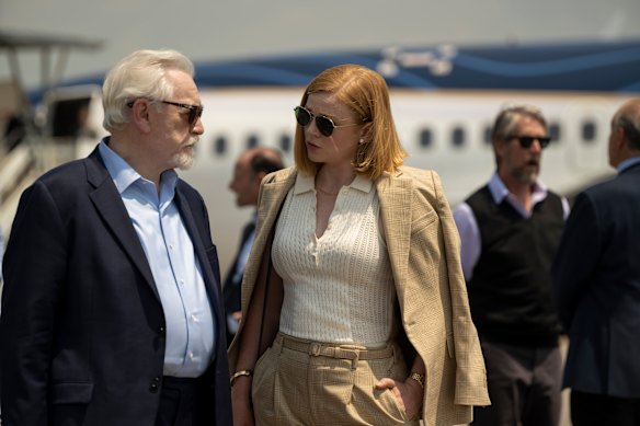 Media-mogul wealth: “Flashy, public, very performative”. Logan Roy (Brian Cox) and Shiv Roy (Sarah Snook) in Succession.