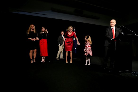 Opposition Leader Bill Shorten with his family during Labor's election night function at the Moonee Valley Racing Club.