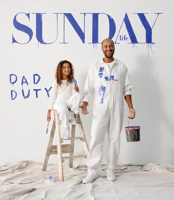 Matt Okine and daughter Sofia on the cover of the Father’s Day edition of Sunday Life. Matt wears Hard Yakka coveralls from Motoman, Venroy T-shirt. Sofia wears Zara clothing, Converse shoes.