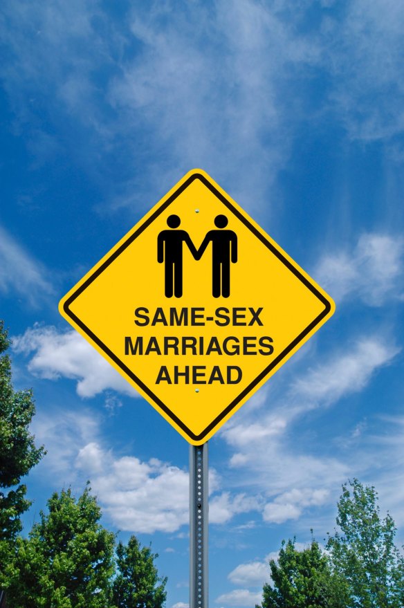 Same-sex marriages ahead road sign (NO CAPTION INFORMATION PROVIDED) No caption