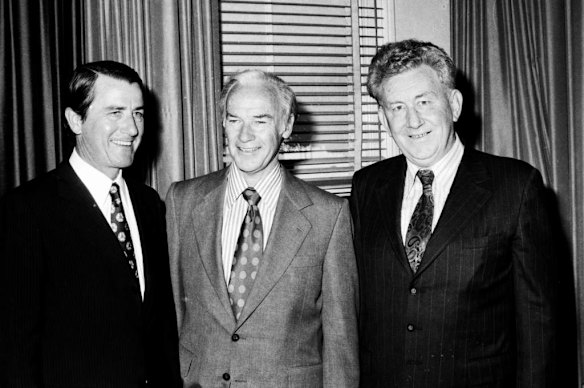 (Left to right) The new leader of the NSW State Opposition Neville Wran, former Opposition Leader Pat Hills and new Deputy Leader Jack Ferguson in the Opposition Leader's office at Parliament House after Wran won the party election in a tied vote on December 3, 1973.