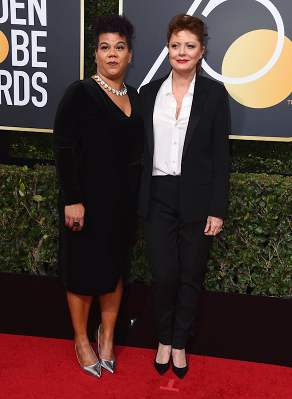 Rosa Clemente, left, and Susan Sarandon arrive at the 75th annual Golden Globe Awards.