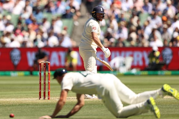 Cameron Green of Australia dives to stop a shot from Jonny Bairstow of England during.