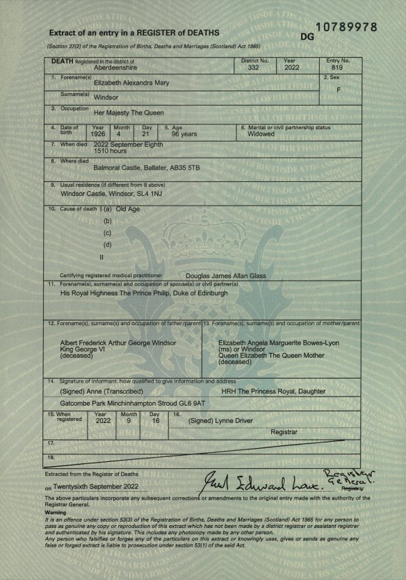 The late Queen’s death certificate.