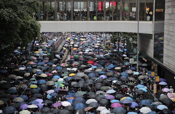 Pro-democracy protesters march in central Hong Kong.