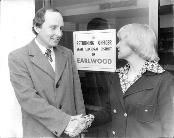 Mrs. Kerry Warr, of St.Ives, the endorsed Australian Democrat candidate arrives with the Liberal candidate, Mr. Alan Jones in 1978.