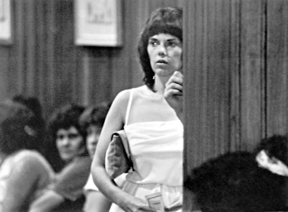 'Mrs Lindy Chamberlain at the court awaiting the coroner's decision.' She was committed for trial on a charge of having murdered her nine-week old daughter Azaria.