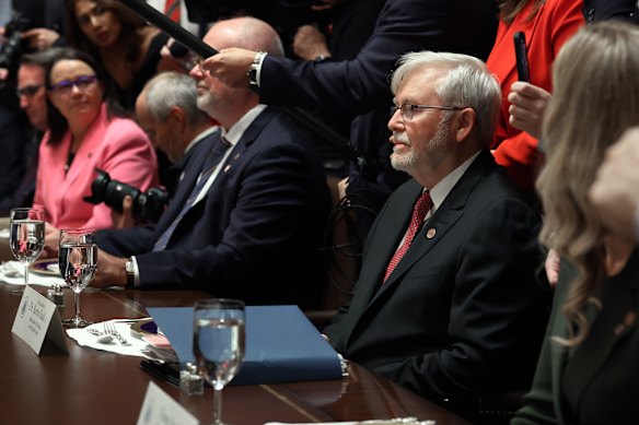 The awkwardness of the interaction was immediately apparent to everybody but Trump, who did not realise that Rudd was sitting across the table from him.