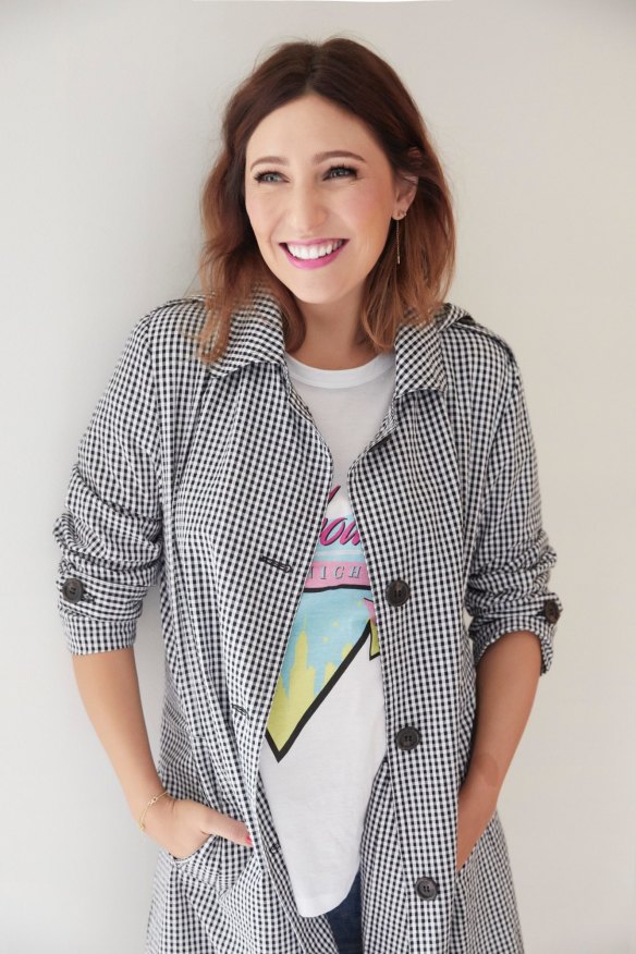 Zoe Foster Blake wearing the Trench Coat and Melbourne At Night Logo Tee from the collection.