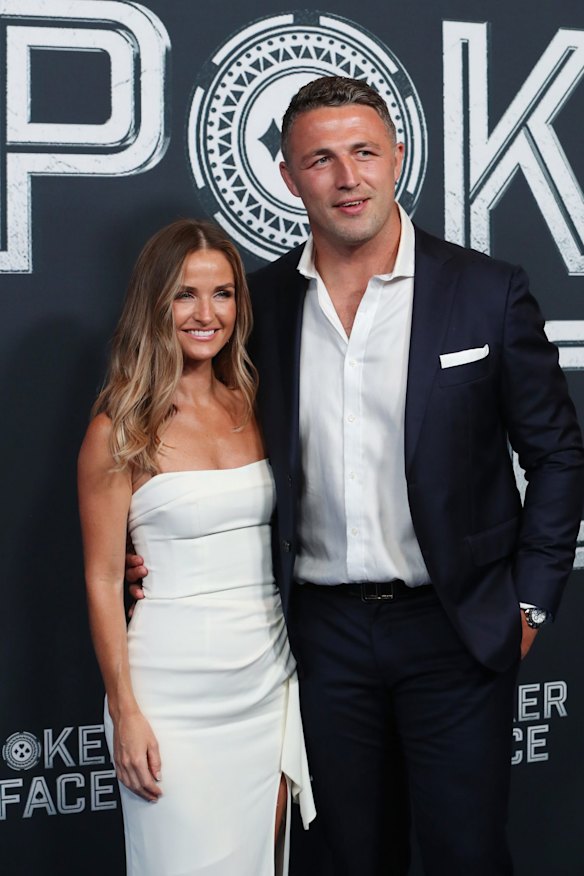 Sam Burgess (R) and Lucy Graham attend the Australian premiere of Poker Face at Hoyts Entertainment Quarter, Sydney.