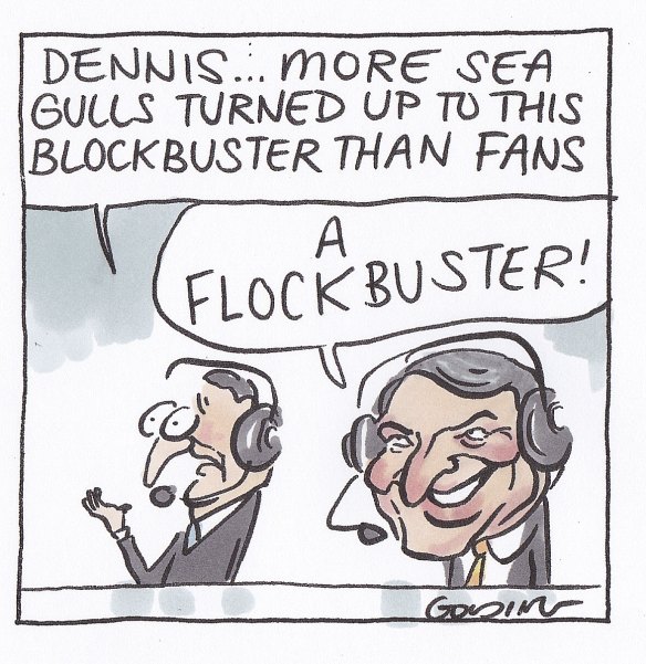 An illustration from Matt Golding depicts Dennis Cometti's unique style. 