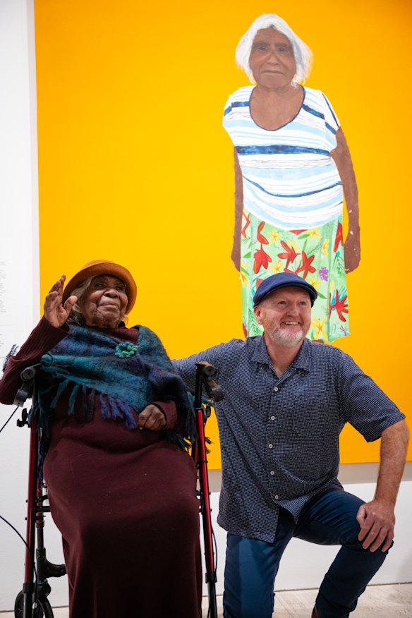 Richard Lewer with Iluwanti Ken, the subject of his Archibald Prize-winning portrait, at the Art Gallery of NSW on Friday.